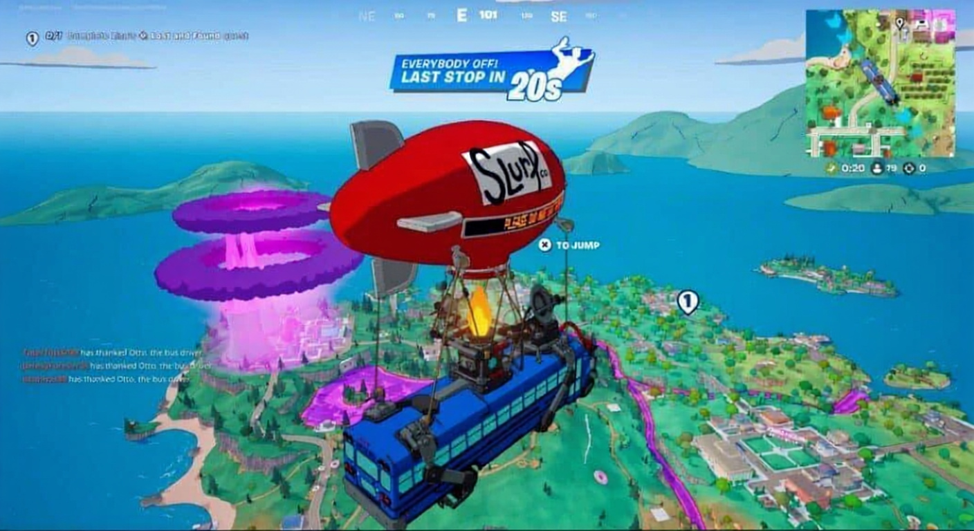 Fortnite battle bus over Springfield island