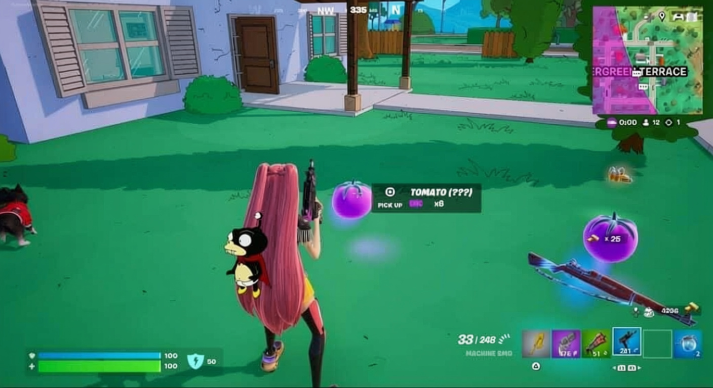 Fortnite character near glowing purple tomatoes