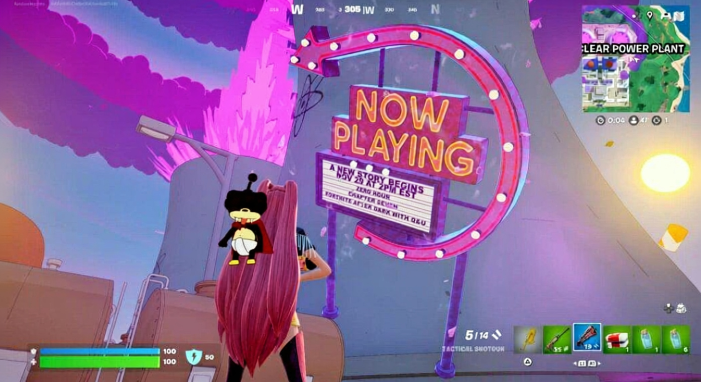 Fortnite character with neon sign