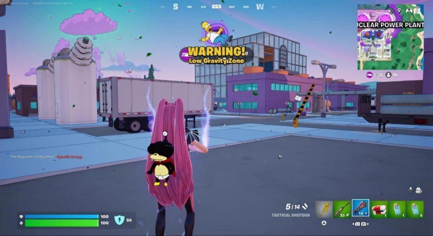Fortnite character with pink hair in industrial area